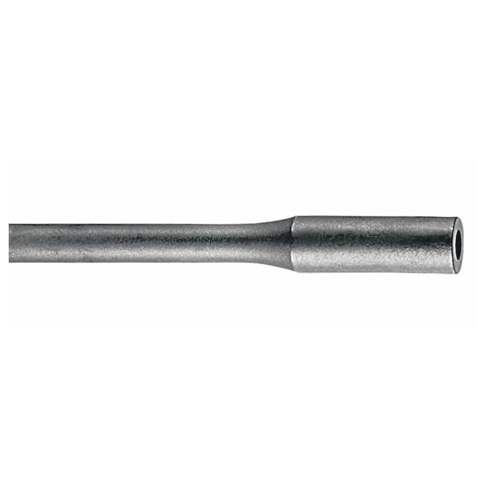Close-up profile view of the Bosch HS2173 fifteen and a half inch steel tamper shank adapter showing the straight connecting rod body and hollow receiving sleeve end optimized for heavy duty compactor plates and demolition hammers.