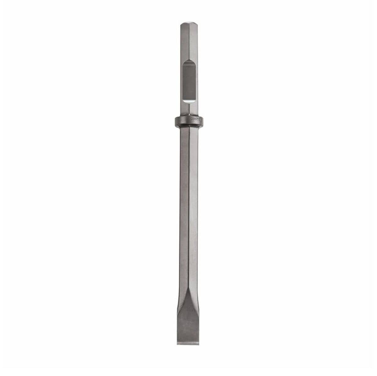 Bosch model HS2262 eighteen inch narrow flat chisel bit showing a seven eighths inch hex collar pneumatic shank with a machined flat retention notch and a tapered narrow tip for concrete breaker air hammers and masonry scaling jackhammers isolated vertically on a white background.