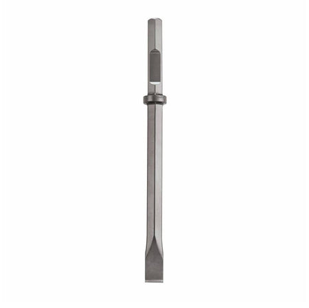 Bosch model HS2262 eighteen inch narrow flat chisel bit showing a seven eighths inch hex collar pneumatic shank with a machined flat retention notch and a tapered narrow tip for concrete breaker air hammers and masonry scaling jackhammers isolated vertically on a white background.