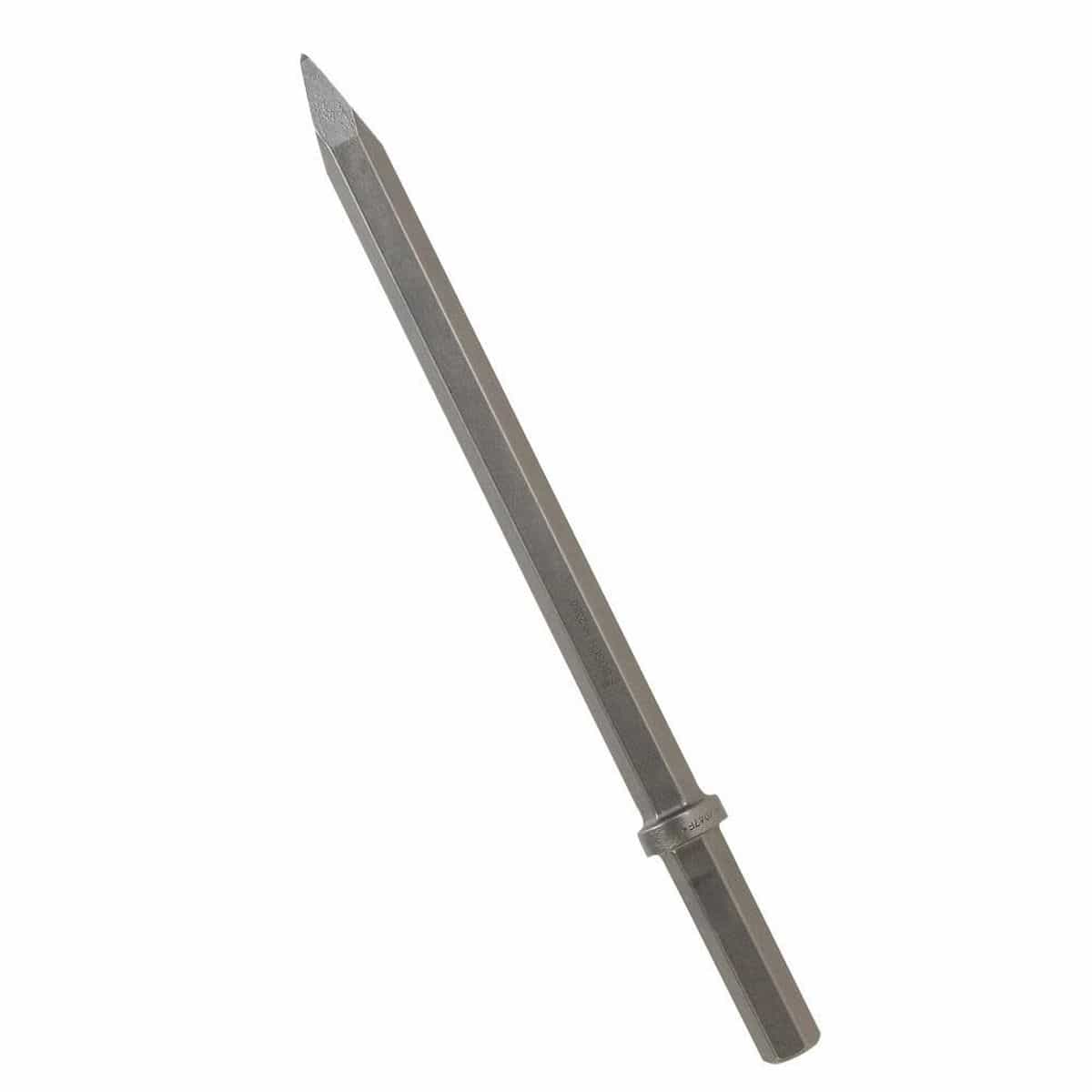 Bosch model HS2360 eighteen inch long moil point chisel bit showing a one inch hex collar pneumatic shank with an integrated locking ring collar and a sharp pointed pyramid tip for concrete breaker air hammers and masonry demolition jackhammers isolated diagonally on a white background.