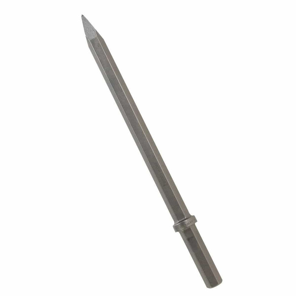 Bosch model HS2360 eighteen inch long moil point chisel bit showing a one inch hex collar pneumatic shank with an integrated locking ring collar and a sharp pointed pyramid tip for concrete breaker air hammers and masonry demolition jackhammers isolated diagonally on a white background.