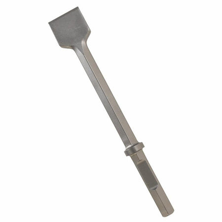 Bosch three inch wide flat chisel pneumatic air tool steel model HS2464 featuring a solid one piece forged body with a one and a quarter inch hex shank and locking collar for concrete breaker jackhammers and masonry demolition isolated on a white background.