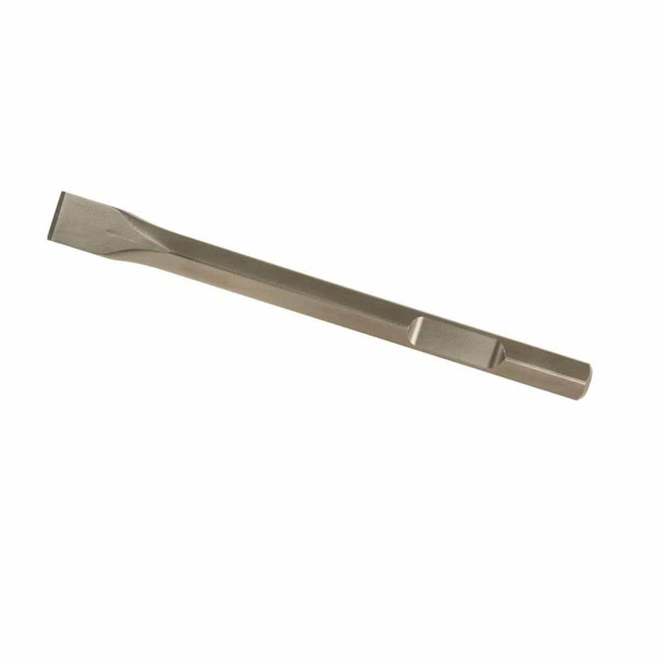 Bosch model HS2863 sixteen inch demolition hammer steel flat chisel bit featuring a one and an eighth inch hex shank with a machined male notch retention end for heavy duty concrete breaker tools and masonry jackhammers isolated diagonally on a white background.