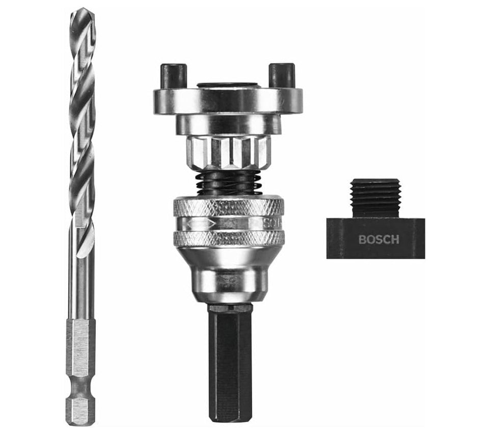 Studio view of the silver Bosch SpinLOCK arbor with a 3/8-inch hex shank, positioned next to a high-speed steel pilot bit and a black adapter nut.