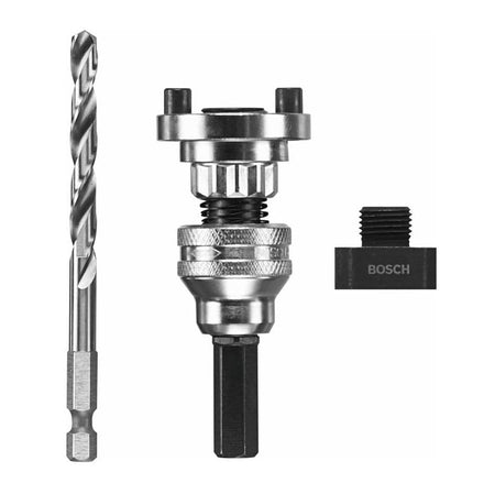 Studio view of the silver Bosch SpinLOCK arbor with a 3/8-inch hex shank, positioned next to a high-speed steel pilot bit and a black adapter nut.