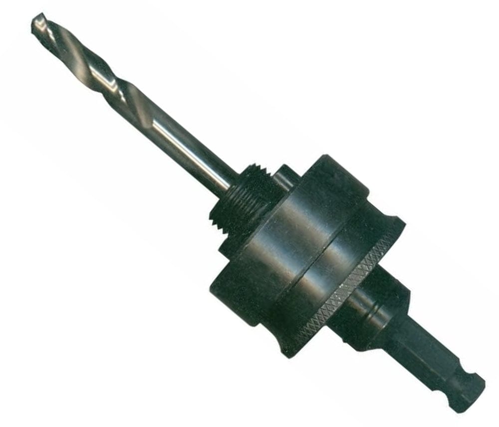 Studio shot of the Bosch HSBAMP hole saw mandrel featuring a 3/8-inch hex shank, a black two-pin locking mechanism, and a pilot drill bit.