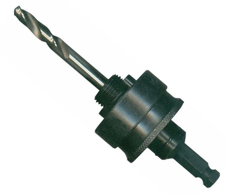 Studio shot of the Bosch HSBAMP hole saw mandrel featuring a 3/8-inch hex shank, a black two-pin locking mechanism, and a pilot drill bit.