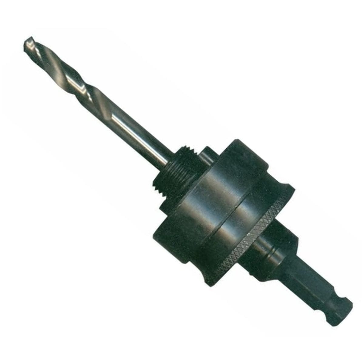Studio shot of the Bosch HSBAMP hole saw mandrel featuring a 3/8-inch hex shank, a black two-pin locking mechanism, and a pilot drill bit.