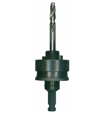 Vertical view of the Bosch HSBAMP mandrel highlighting the pilot bit, threaded collar, and locking pins designed for large hole saws.