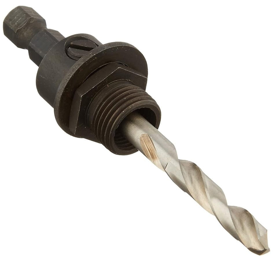 Studio view of the Bosch HSBAM hole saw mandrel featuring a 3/8-inch hex shank, black threaded adapter, and a silver high-speed steel pilot bit.