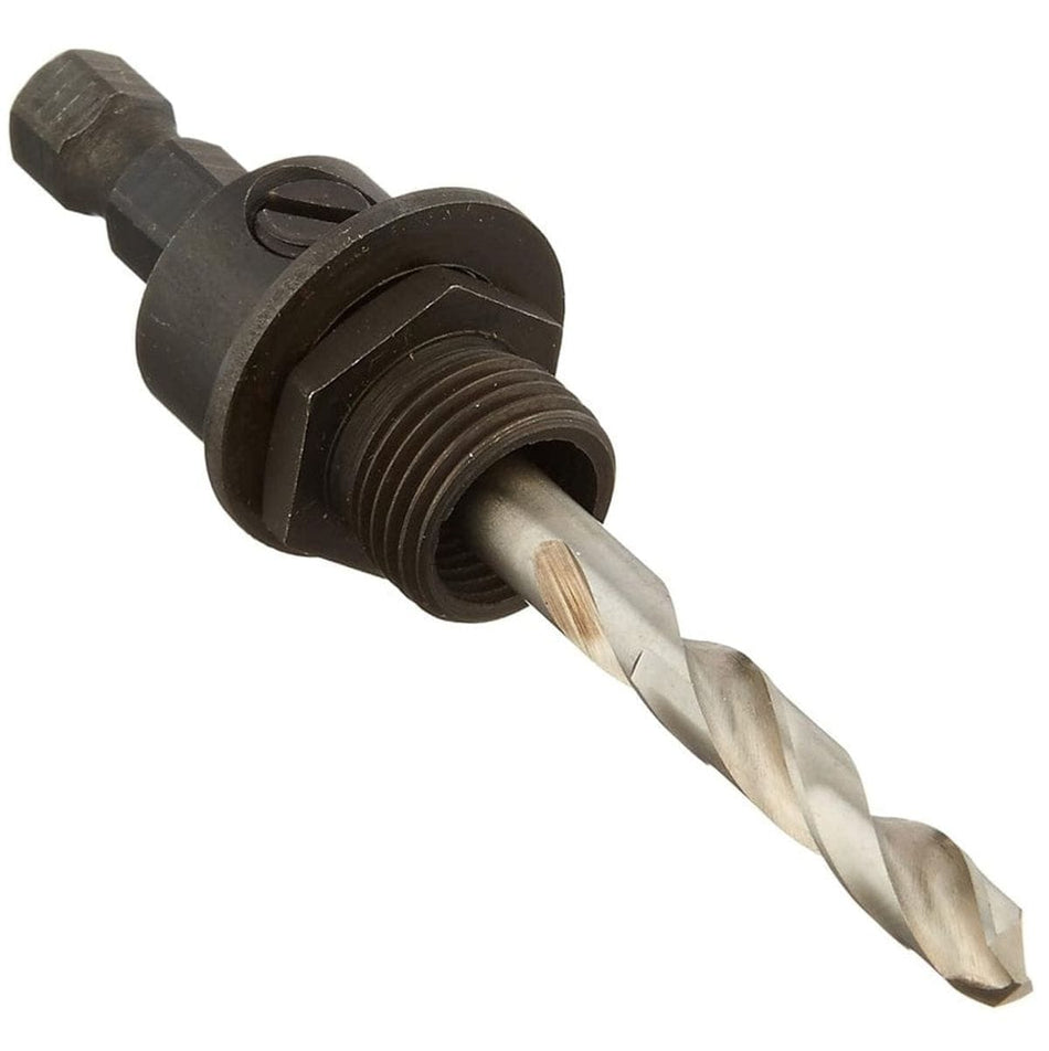 Studio view of the Bosch HSBAM hole saw mandrel featuring a 3/8-inch hex shank, black threaded adapter, and a silver high-speed steel pilot bit.