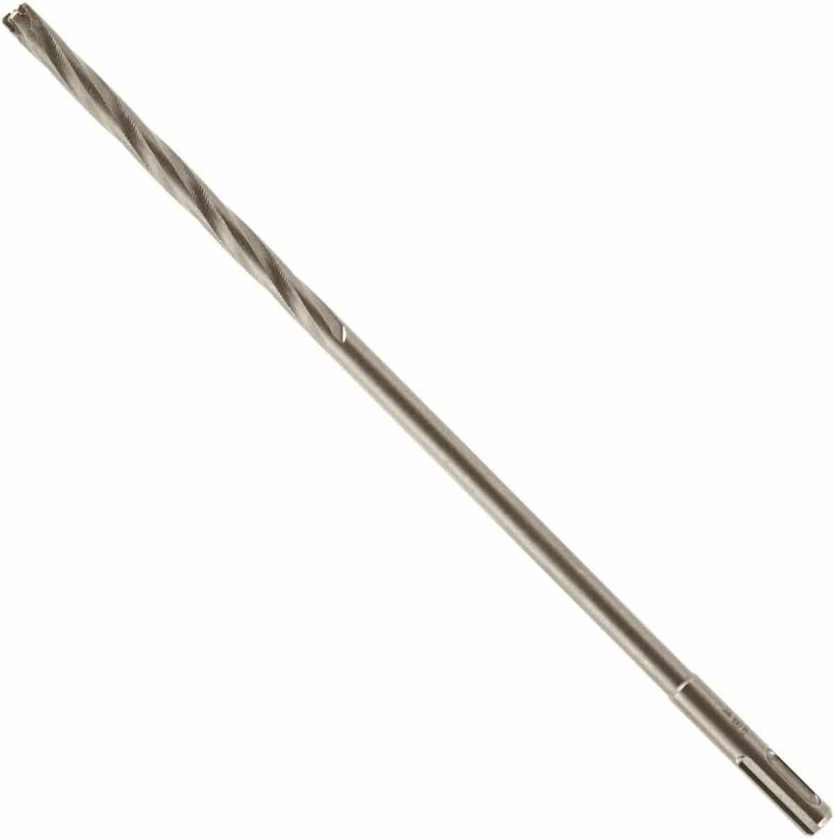 An isolated product studio shot of a long, slender Bosch rebar cutter drill bit resting diagonally against a crisp white background, showcasing its round straight shank base, long unified metal body shaft, and fine spiral flutes leading up to a precision-engineered carbide-tipped cutting head.