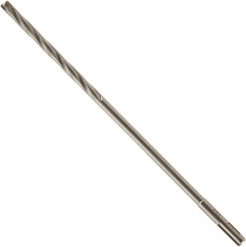 An isolated product studio shot of a long, slender Bosch rebar cutter drill bit resting diagonally against a crisp white background, showcasing its round straight shank base, long unified metal body shaft, and fine spiral flutes leading up to a precision-engineered carbide-tipped cutting head.