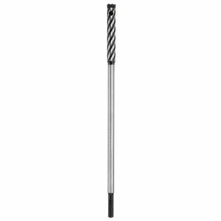 An isolated product studio shot of an extended-length, large-diameter Bosch straight shank rebar cutter bit displayed vertically against a plain white background, showcasing its smooth darkened straight shank base, long solid steel intermediate shaft, and a heavy-gauge cutting head with deep spiral flutes and a central core ventilation window topped by a rugged carbide-tipped cutting edge.