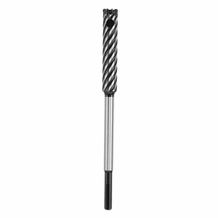 An isolated product studio shot of an extended-length, large-diameter Bosch straight shank rebar cutter bit positioned vertically against a plain white background, highlighting its smooth darkened straight shank base, an elongated polished solid steel body shaft, and a heavy-gauge cutting crown featuring deep steep spiral flutes with an integrated slug extraction window.