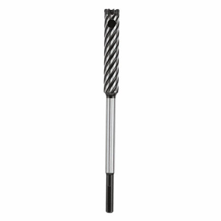 An isolated product studio view of a large-diameter Bosch straight shank rebar cutter bit oriented vertically against a solid white background, showcasing its dark-finished straight mounting shank, a polished solid steel intermediate neck, and a heavy-gauge core with dense, steep spiral flutes featuring a built-in circular slug removal window below its teeth-lined carbide cutting ring.