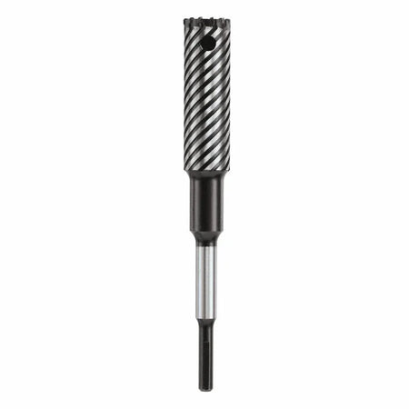 An isolated product studio shot of an extended-length, extra-thick gauge Bosch straight shank rebar cutter bit displayed vertically against a plain white background, highlighting its step-down dark straight shank base, a polished steel intermediate transition shaft beneath a widened black alloy reinforcing collar, and an oversized heavy cutting head featuring a tight network of steep spiral flutes with a built-in slug removal hole topped by a robust carbide-tipped metal-cutting ring.