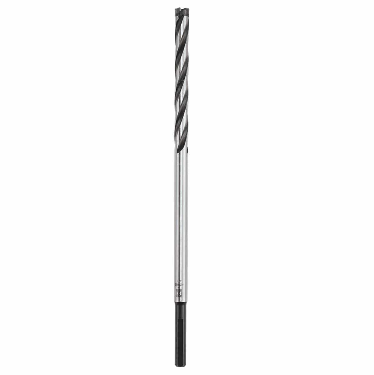 An isolated product studio shot of a long Bosch straight shank rebar cutter bit positioned vertically against a clean white background, showcasing its darkened smooth straight shank base, polished solid metal intermediate shaft, and deep-cut spiral flutes leading to a specialized teeth-lined carbide cutting crown.