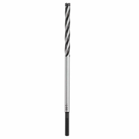 An isolated product studio shot of a long Bosch straight shank rebar cutter bit positioned vertically against a clean white background, showcasing its darkened smooth straight shank base, polished solid metal intermediate shaft, and deep-cut spiral flutes leading to a specialized teeth-lined carbide cutting crown.