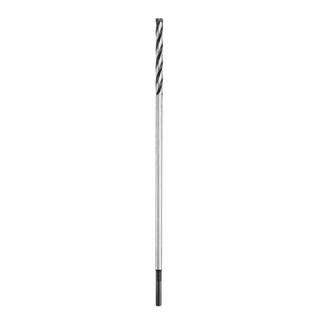 An isolated product studio shot of an extra-long, slender Bosch straight shank rebar cutter bit positioned vertically against a clean white background, showcasing a darkened smooth straight shank base, a highly extended polished solid metal body shaft, and deep-cut spiral flutes leading to a teeth-lined carbide cutting crown at the tip.
