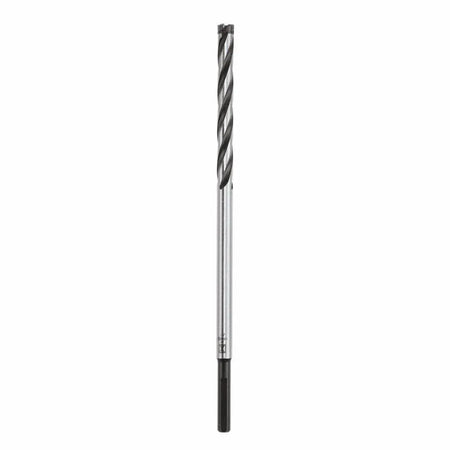 An isolated product studio shot of a heavy-gauge Bosch straight shank rebar cutter bit displayed vertically against a plain white background, highlighting its thick polished solid metal body, a smooth darkened straight shank base, and wide, deep-cut spiral flutes designed to rapidly evacuate metal shards below a robust carbide-tipped cutting ring.