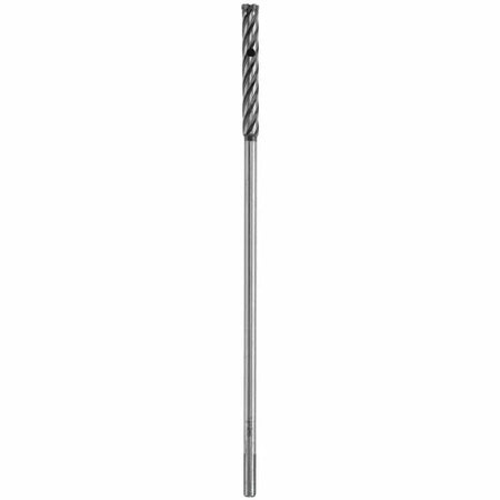 An isolated product studio shot of an extra-long, heavy-gauge Bosch straight shank rebar cutter bit positioned vertically against a clean white background, highlighting its long polished steel extension neck, deep spiral flutes with an integrated circular slug extraction window, and a robust carbide-tipped metal-cutting crown.