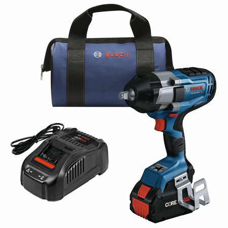 Complete Bosch GDS18V-740CB14 impact wrench kit including the cordless wrench, CORE18V 8Ah battery, charger with indicator lights, and a blue Bosch-branded carrying bag. The components are arranged neatly to showcase the full kit for professional use.