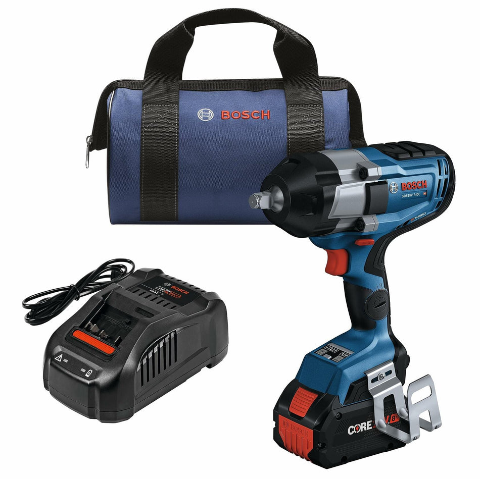 Complete Bosch GDS18V-740CB14 impact wrench kit including the cordless wrench, CORE18V 8Ah battery, charger with indicator lights, and a blue Bosch-branded carrying bag. The components are arranged neatly to showcase the full kit for professional use.