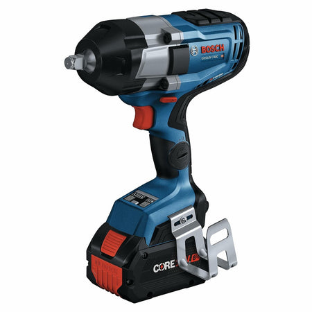 Close-up of the Bosch GDS18V-740C cordless impact wrench showing its blue and black body, metal belt clip, and CORE18V battery pack. The "TURBO" label and Bosch branding are visible, highlighting the tool’s high-performance brushless motor designed for heavy-duty fastening.