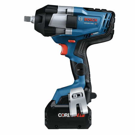 Side view of the Bosch GDS18V-740C cordless impact wrench featuring a 1/2-inch friction ring anvil, ergonomic grip, and red trigger. The CORE18V battery is attached at the base, and the Bosch logo and model number are clearly displayed on the tool’s casing.
