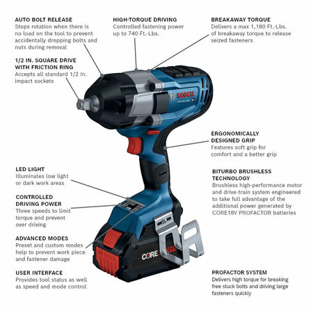 Annotated image of the Bosch GDS18V-740C impact wrench highlighting key features such as AUTO BOLT RELEASE, 740 Ft.-Lbs. driving torque, 1,180 Ft.-Lbs. breakaway torque, LED light, ergonomic grip, and BITURBO brushless technology. Labels point to each component for easy identification