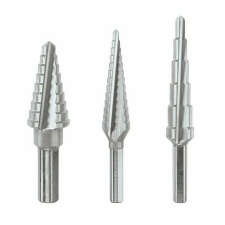 The three high-speed steel step drill bits from the Bosch SDH30 set, showing their different sizes and conical, stepped flute designs against a white background.