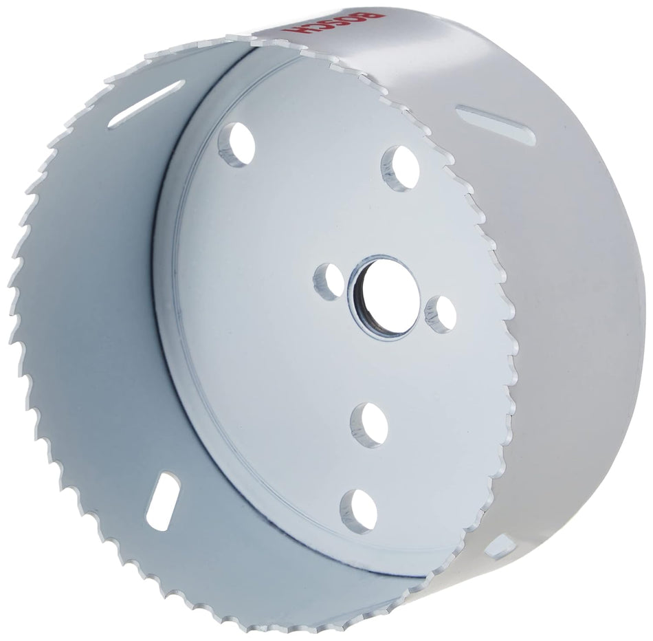 Bosch HB436 4-3/8-inch bi-metal hole saw cup showing variable Progressor teeth and arbor mounting holes for fast clean drilling.