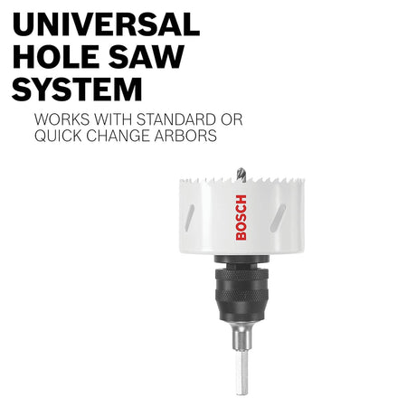 Bosch universal hole saw system arbor adapter connecting to the HB436 bi-metal cup for tool-free quick-change bit swapping.