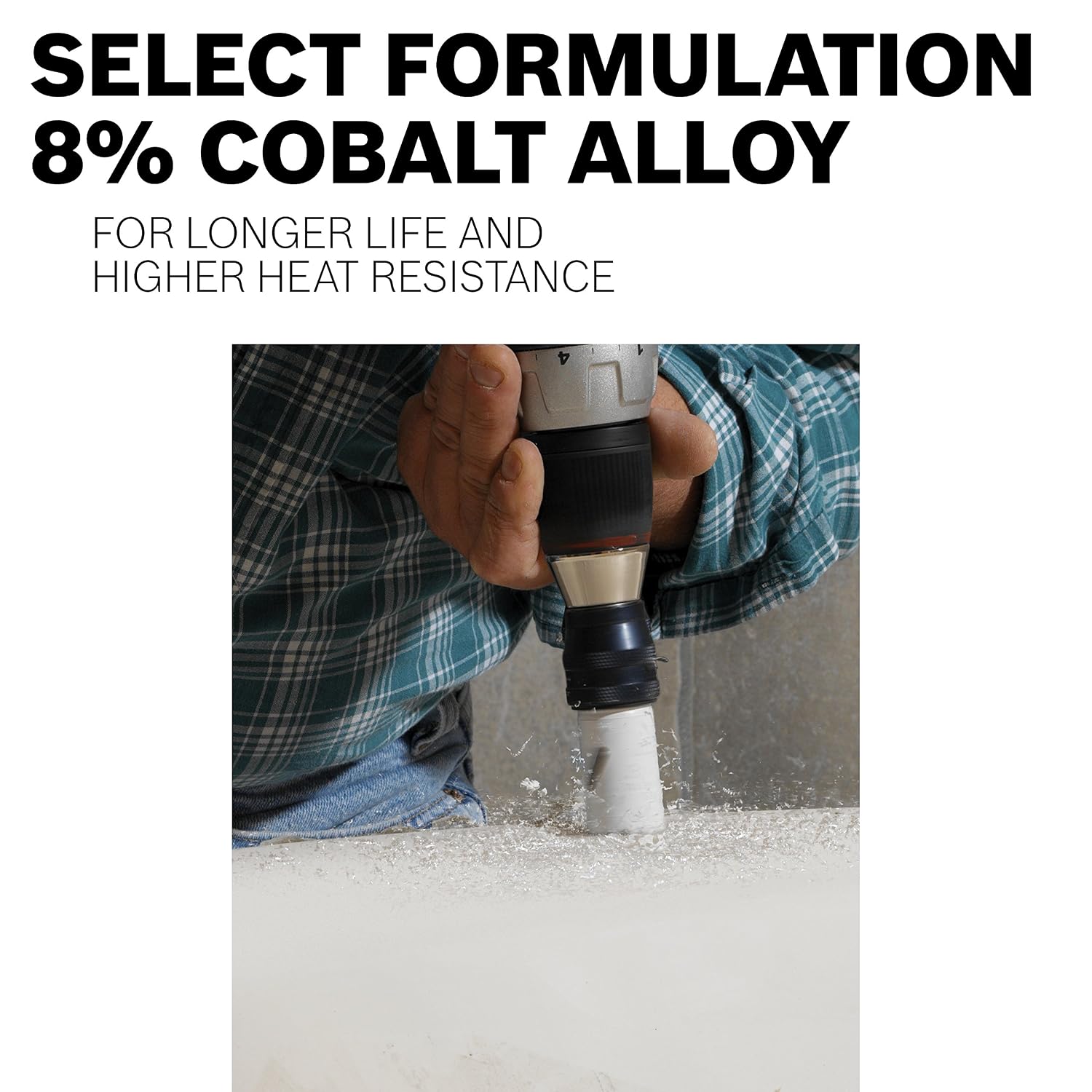 Operator boring through tough composite using an 8-percent cobalt alloy bi-metal hole saw engineered for high heat resistance.