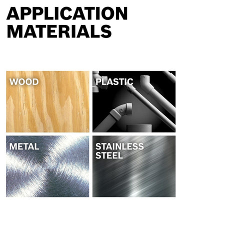 Multi-material application chart confirming cutting compatibility in wood, PVC plastic, mild sheet steel, and stainless steel.