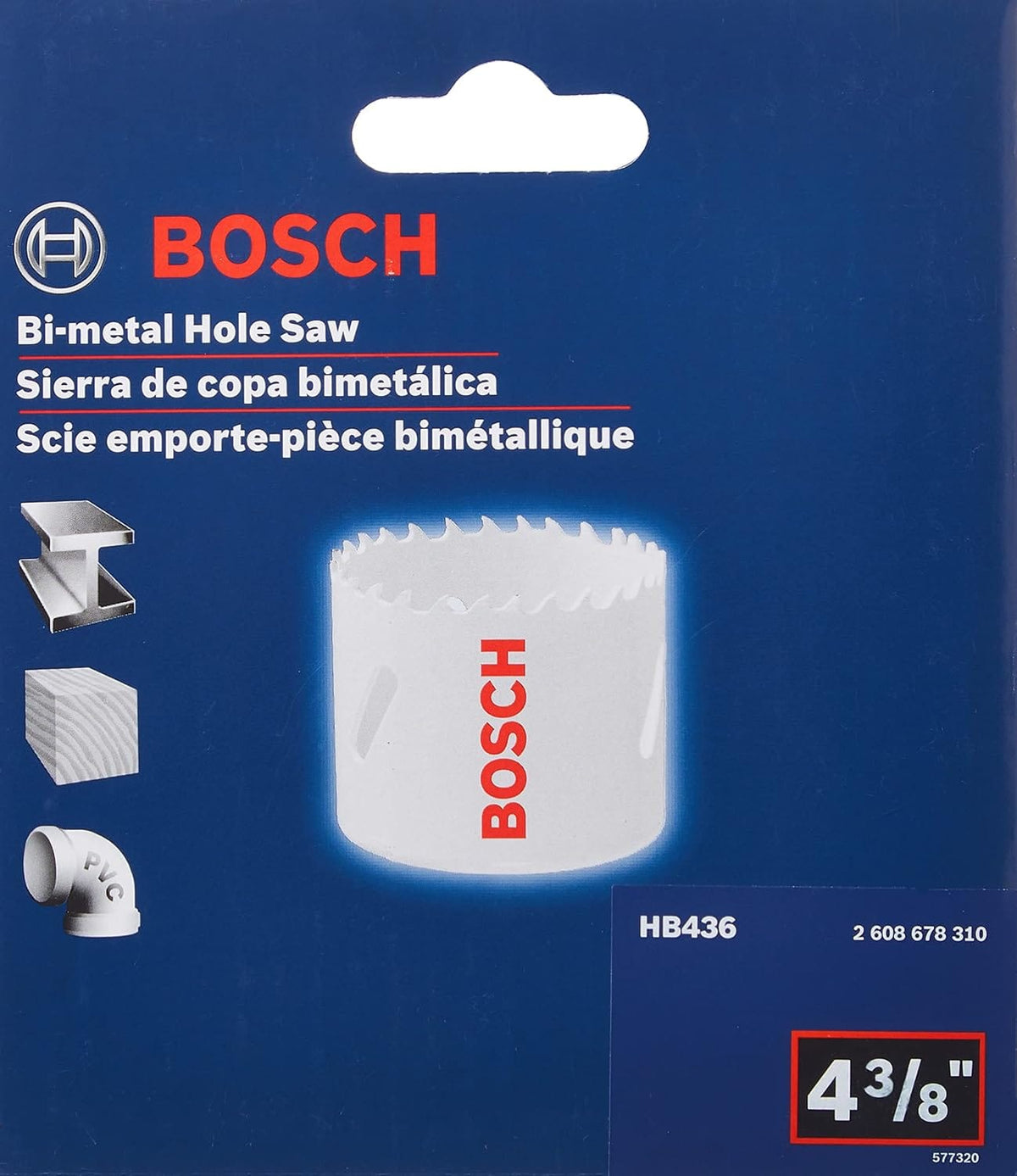 Bosch HB436 retail card displaying the 4-3/8-inch bi-metal hole saw diameter and multi-material cutting icons for wood, PVC, and steel.