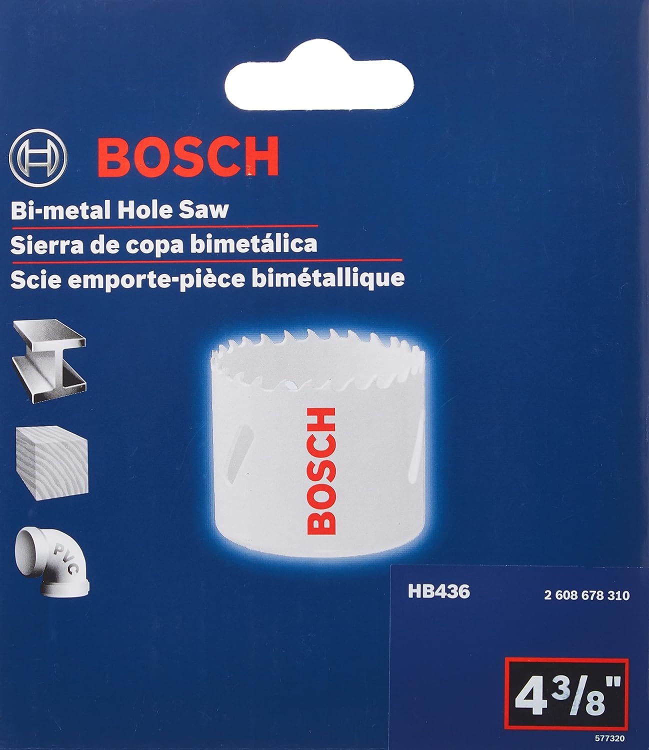 Bosch HB436 retail card displaying the 4-3/8-inch bi-metal hole saw diameter and multi-material cutting icons for wood, PVC, and steel.