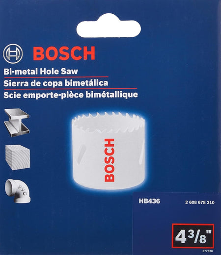 Bosch HB436 retail card displaying the 4-3/8-inch bi-metal hole saw diameter and multi-material cutting icons for wood, PVC, and steel.