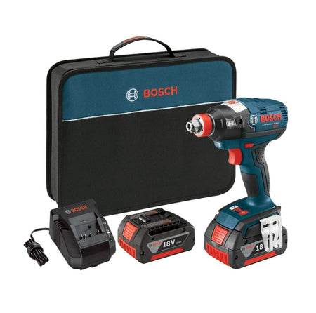 The reconditioned Bosch IDH182 18V Brushless "Freak" impact driver kit featuring the unique two-in-one bit and socket chuck, including two 2.0Ah SlimPack batteries, a fast charger, and a professional canvas carrying case.