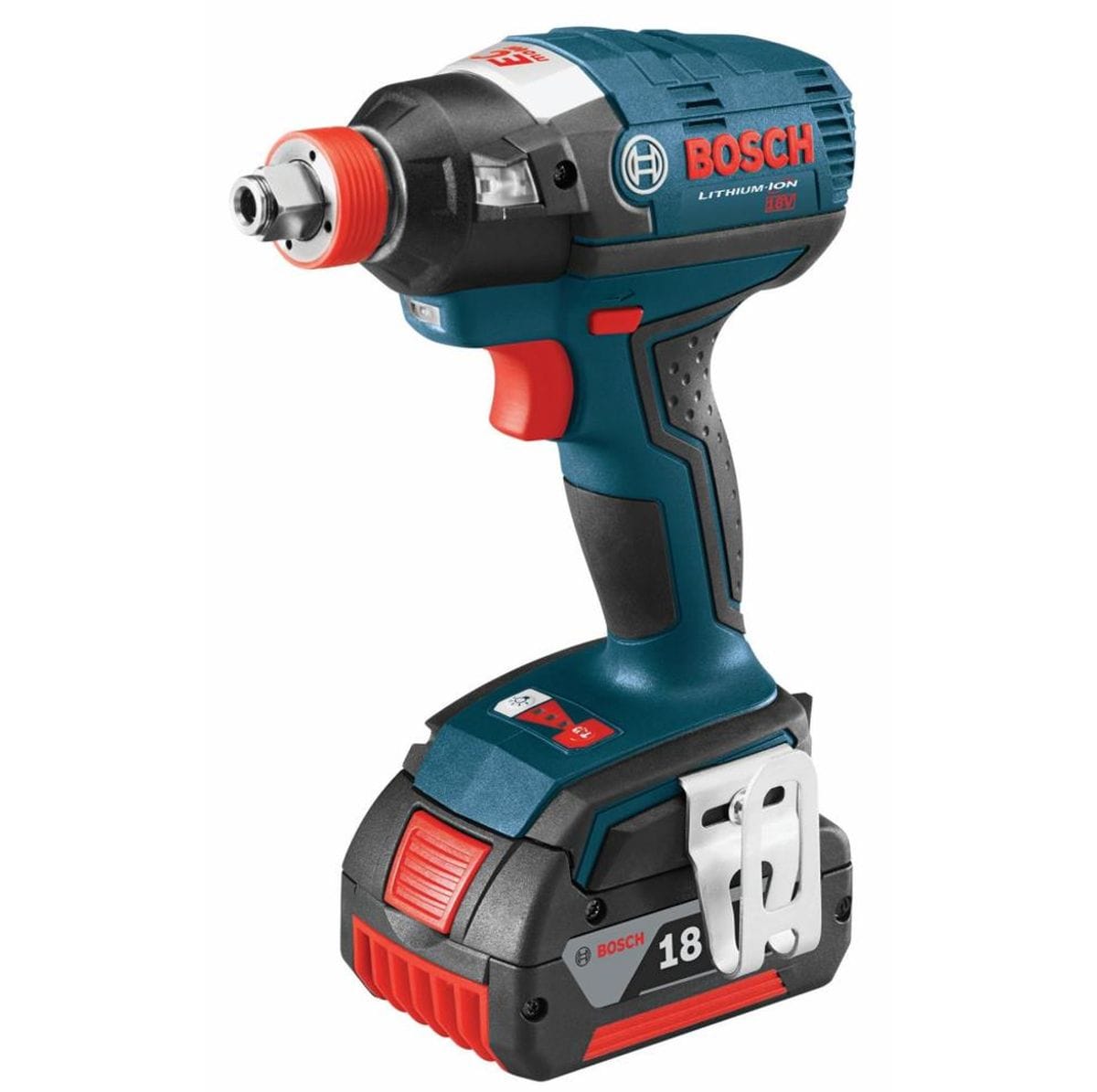 Front perspective view of the reconditioned Bosch 18V brushless impact driver showcasing the red-accented hybrid chuck and the foot-mounted three-speed performance control selector for precise fastening.