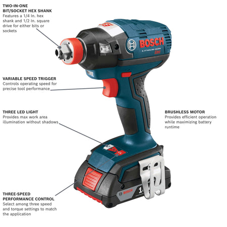 An informative product graphic of the Bosch IDH182 impact driver identifying key features including the two-in-one bit/socket shank, variable speed trigger, three-LED work light, and EC Brushless motor.