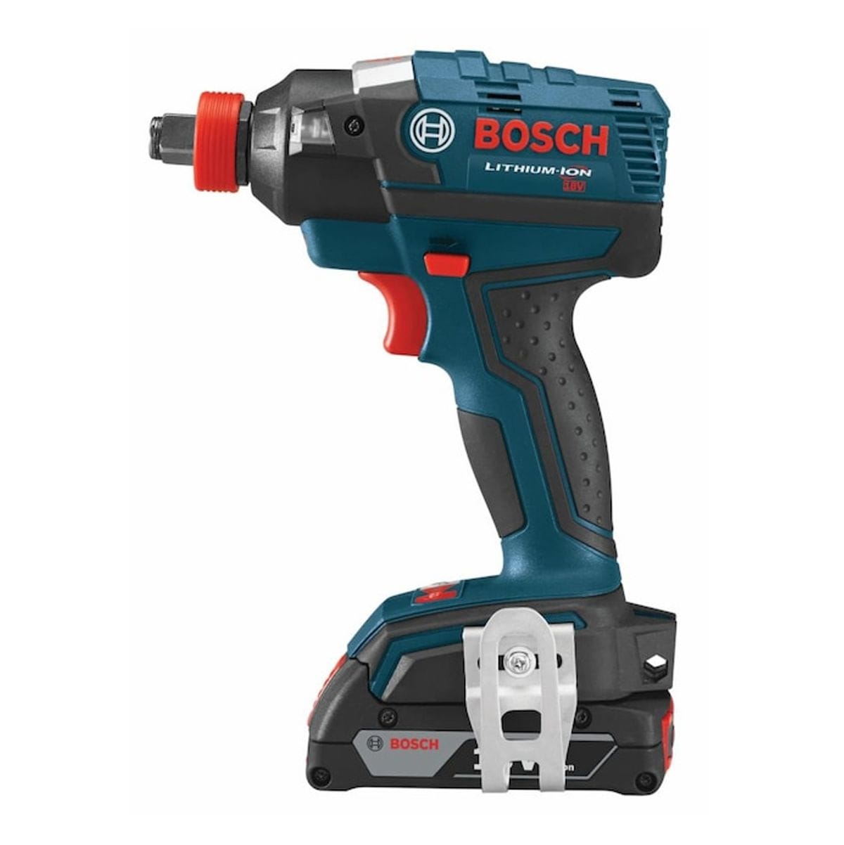 Side profile of the Bosch 18V brushless two-in-one impact driver, highlighting the compact head length, integrated belt clip, and the high-performance 18V Lithium-Ion battery pack.