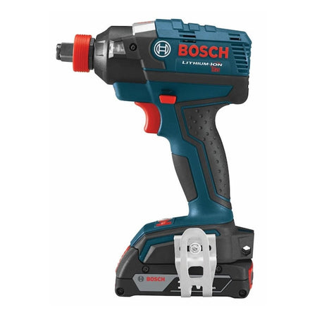 Side profile of the Bosch 18V brushless two-in-one impact driver, highlighting the compact head length, integrated belt clip, and the high-performance 18V Lithium-Ion battery pack.