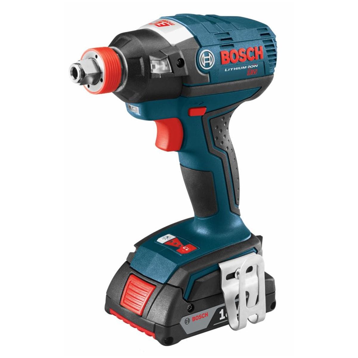 Perspective view of the Bosch IDH182-02-RT 18V brushless impact driver, emphasizing the hybrid 1/4-inch hex and 1/2-inch square drive chuck and the slim-grip ergonomic handle design.