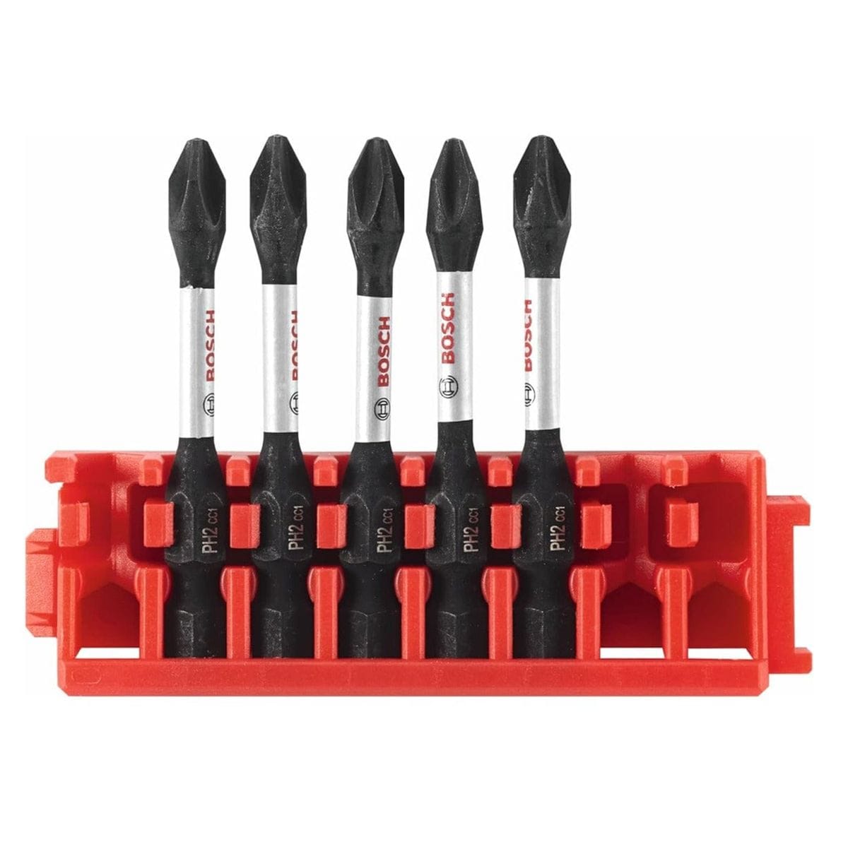 Studio view of five Bosch Driven Phillips #2 power bits with silver sleeves arranged in a red plastic storage clip.