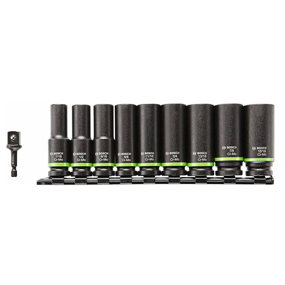 Studio view of the 10-piece Bosch impact socket set featuring nine black deep-well sockets with green color coding and a 1/4-inch hex to 1/2-inch square adapter.
