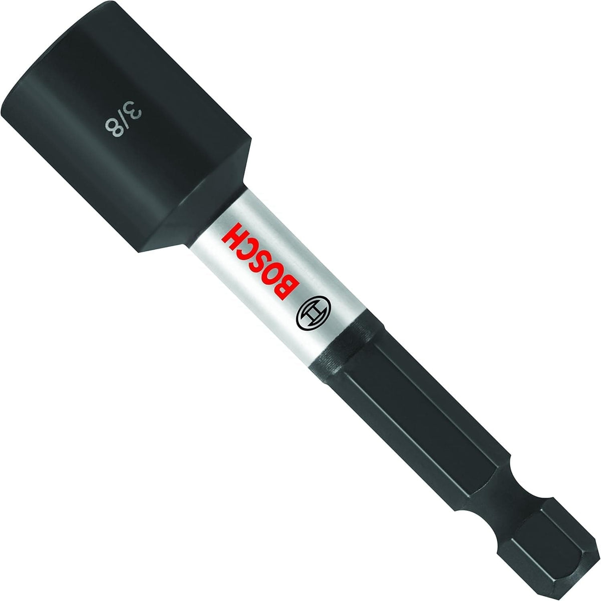 Studio shot of the Bosch ITNS382 3/8-inch nutsetter bit featuring a black magnetic socket, silver shaft with red Bosch logo, and black hex shank.