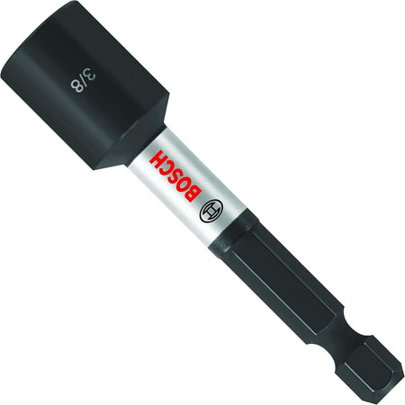 Studio shot of the Bosch ITNS382 3/8-inch nutsetter bit featuring a black magnetic socket, silver shaft with red Bosch logo, and black hex shank.