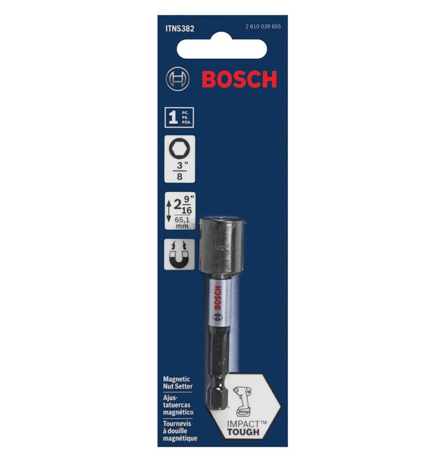 Retail packaging for the Bosch ITNS382 nutsetter bit in a blue card, highlighting the 3/8-inch size, magnetic tip, and Impact Tough durability rating.